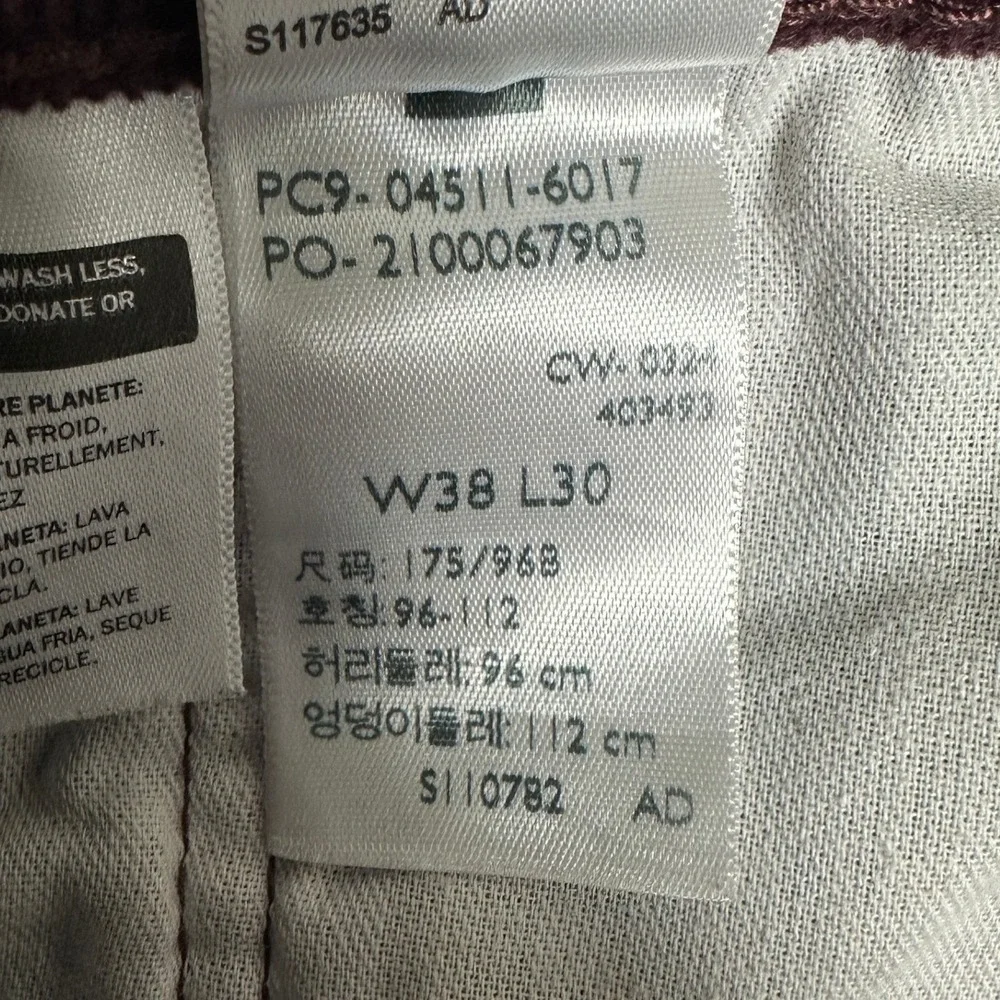 Levis 511 Pants Mens 38X30 Burgundy Purple Slim Fit Corduroy 5-Pocket Stretch